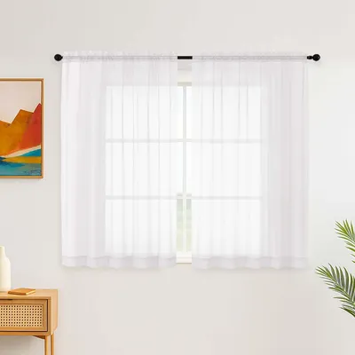 Image de Rideaux voilés - Semi-transparents avec poche à tringle - Décoration de fenêtre - Blanc - Lot de 2, dimensions : 122 cm de hauteur x 150 cm de largeur