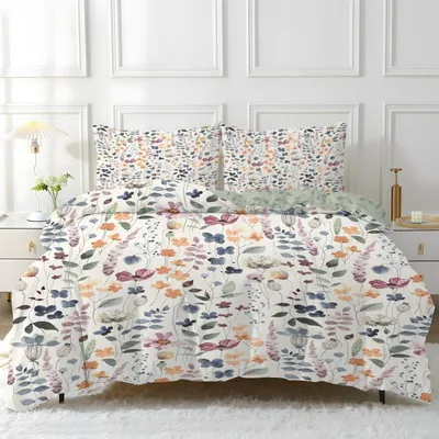 Immagine prodotto di Set di lenzuola 155x220 cm, beige, con motivo floreale, composto da 3 pezzi, in microfibra con chiusura a zip