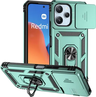 Produktbild von Pouzdro pro Xiaomi Poco M6 Pro 5G/Redmi 12/Redmi 12 5G dvouvrstvé pouzdro s posuvným krytem kamery a prstencovým stojánkem zelené
