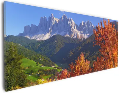 Produktbild von Wallario Premium Leinwandbild Herbst im Gebirgstal unter blauem Himmel in Größe 30 x 75 cm