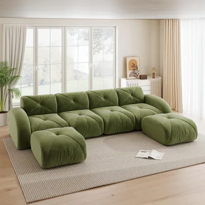 Zdjęcie produktu dla Bezramowa sofa modułowa w kształcie litery U, zestaw 4-osobowy, w zestawie 2 pufy, nadaje się do salonu, wygodna tkanina, antypoślizgowa, bez montażu