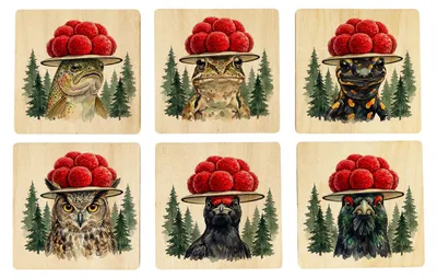 Produktbild von Schwarzwald Bollenhut Tiere aus Wasser und Luft 6er Set Untersetzer aus Holz