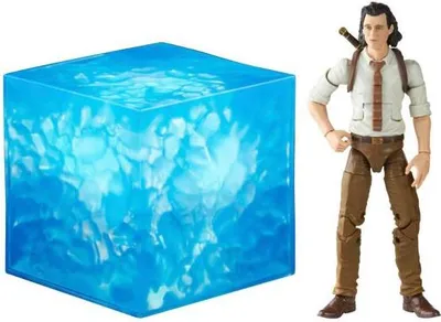 A blue cube and a Loki action figure are displayed against a white background.