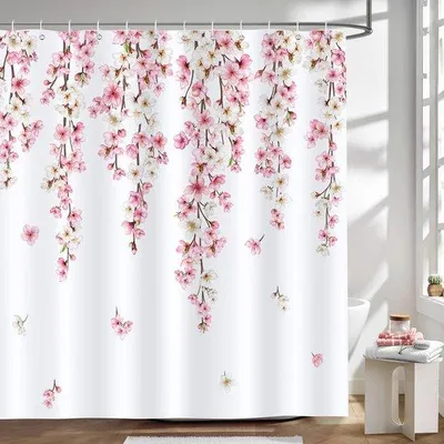 Image de Rideau de douche à fleurs de cerisier roses - Imperméable - 180 x 180 cm - Polyester