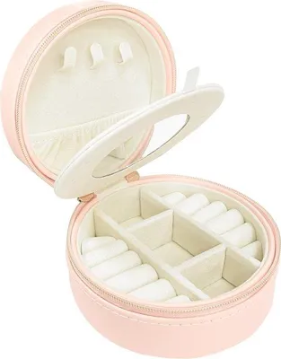 Produktbild von Schmuckkästchen, Schmuckorganizer, Reise-Schmuckkoffer, rund, klein, mit Klettverschluss und Spiegel, rosa, ideal für Mädchen und Frauen