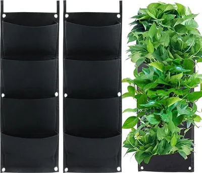 Imagen del producto de Jardineras verticales de fieltro, con 4 compartimentos, set de 2 unidades, para balcón y jardín