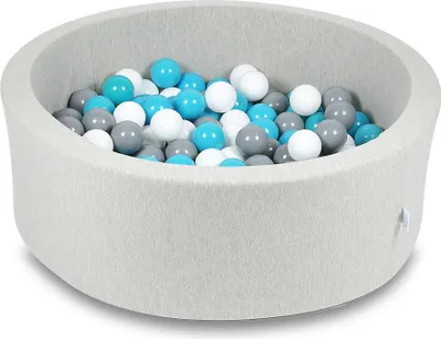 Produktbild von Trockenbecken 90x30cm hellgrau mit 200 Bällen: blau, weiß, grau