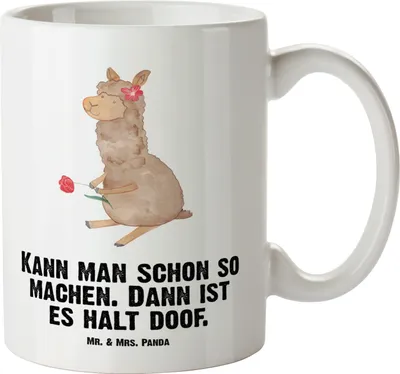 Produktbild von Mr. & Mrs. Panda Pott Alpaka Blume - Weiß - Geschenk, Riesenkaffeetasse, großer kaffeepott, Lamas, steingut tasse, weisse, Lama, Große Teetasse, Witz