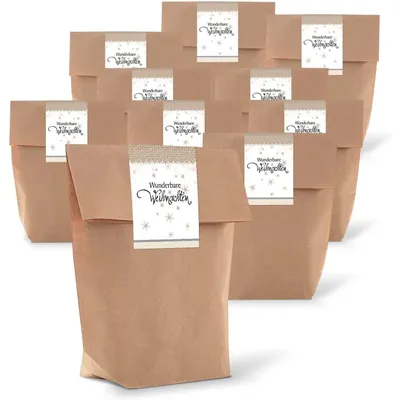 Produktbild von 25 braune natur weihnachtliche Verpackung Geschenk-Tüten Kraftpapier 14 x 22 x 5,6 cm + 25 Aufkleber FROHE WEIHNACHTEN Verpacken Weihnachtsgeschenke Geschenk-Papier Kundengeschenke natürlich"Wunderbare Weihnachten" Beige, Gold / 25