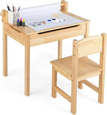 Imagen del producto de Escritorio infantil con silla, escritorio de madera para estudiantes, escritorio juvenil, mesa infantil, escritorio para niños con soporte para rollos de papel y espacio de almacenamiento, incluye rollo de papel y rotuladores (natural)