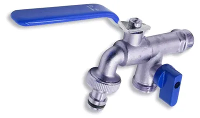 Produktbild von Doppelguss Wasserhahn für Garten oder Waschmaschine, blau, 2 Anschlüsse, 3/4 Zoll