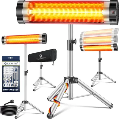 A collage of infrared heaters on tripods, with a mounting set and a protective cover.