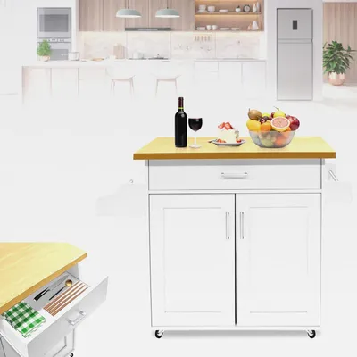 Produktbild von Küchenwagen Bewegliche Kücheninsel Küchen Küchenschrank mit Arbeitsplatte Wagen Rollbar, Rollwagen küche, servierwagen 115x36x90cm Weiß