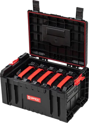 An open black tool case with red accents, showing multiple compartments inside.