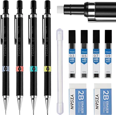 Zdjęcie produktu dla Ołówki Mechaniczne Zestaw 0.3; 0.5; 0.7; 0.9 mm, z gumkami i wkładami, 4 sztuki, do nauki i rysowania