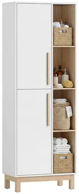 Immagine prodotto di Mobiletto da bagno - Armadio alto - 2 ante - 4 ripiani aperti - Legno - Stile moderno - Da montare - Bianco