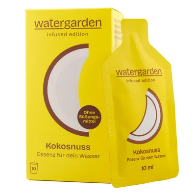 Bild der Verpackung der watergarden infused edition Kokosnuss sowie eines der enthaltenen Sachets.