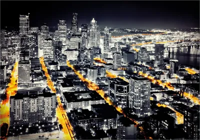 Produktbild von Wallario Poster - Großstadt bei Nacht - Seattle in schwarz weiß gelb, Kunstdruck Größe: 70 x 100 cm