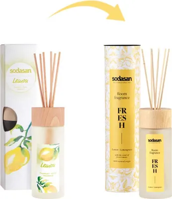 Two Sodasan room fragrance diffusers with packaging, one lemon and one lemon lemongrass.