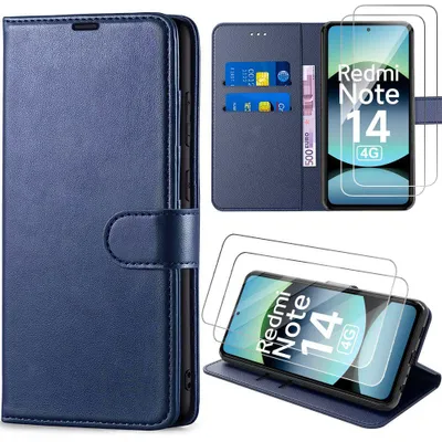 Image de Coque + 2 Verres Trempés pour Xiaomi Redmi Note 14 4G, Protection Cuir Synthétique Antichoc Bleu Marine