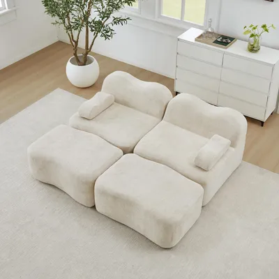 Produktbild von STILVORA Modulsofa 2-Sitzer mit 2 Ottomans, Boneless Sofa aus 32D-Hochdichtschaum, Wohnzimmersofa mit beweglichem Armlehnenkissen und rutschfestem Design