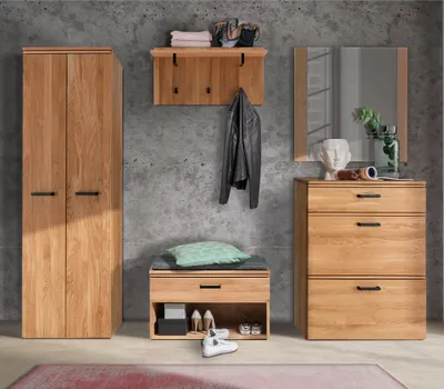 Produktbild von Garderoben Set inkl. Spiegel LEUNA-64 in Eiche massiv geölt, B/H/T: ca. 260/200/39 cm