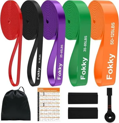 Productafbeelding van Fokky Fitnessbanden Set van 5 Weerstandsbanden met Deuranker en Beschermpads voor Spieropbouw, Krachttraining en Bodybuilding, Multicolo