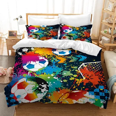Immagine prodotto di Omgoods - Set di biancheria da letto a tema calcio - Set in microfibra da 3 pezzi per bambini