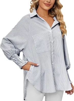 Produktbild von ASKSA Damen Bluse Streifen Oberteile Langarm Knoepfen Smocked Buendchen Elegant Casual Hemd Tops mit Tasche (Schwarz,L)