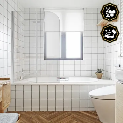 Immagine prodotto di Pannello doccia Ikodm per vasca da bagno, 100x140 cm, divisorio doccia pieghevole in due parti realizzato in vetro di sicurezza da 6 mm (EGS), da montare sulla vasca, colore argento, trasparente