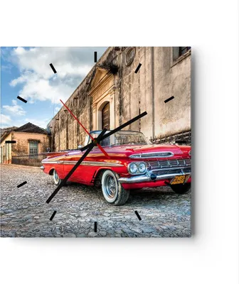 Produktbild von Wanduhr - Quadrat - Glasuhr - Auto Klassiker Kuba Chevrolet - 40x40cm - Schleichendes Uhrwerk - Lautlos - zum Aufhängen bereit - Dekoration Modern - Wanddekoration aus Glas - C3AC40x40-0506