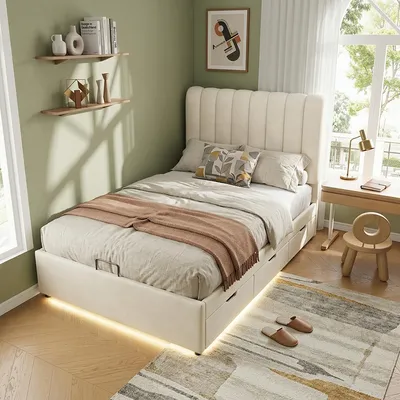Produktbild von okwish Polsterbett 90×200 mit 3 Schubladen und Bettkasten, Stauraumbett mit LED-Lichtleiste, Kinderbett in Beige,ohne Matratze