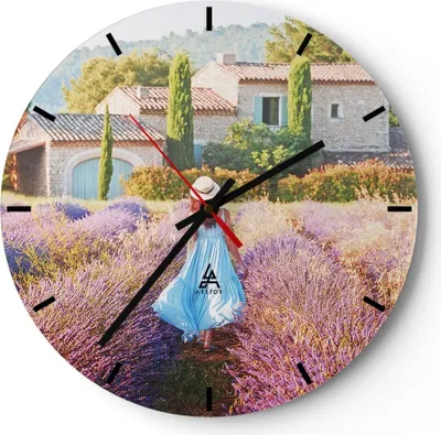 Produktbild von Wanduhr - Rund - Glasuhr - Boho Heidekraut Frau - 30x30cm - Schleichendes Uhrwerk - Lautlos - zum Aufhängen bereit - Dekoration Modern - Wanddekoration aus Glas - C3AR30x30-4420