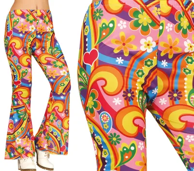 Produktbild von Hippie Karneval Schlaghose 60er Jahre Retro Festival Bunte Blumen Farbenfrohes Muster, Größe: 42 - 44 (L) Farbe: Mehrfarbig