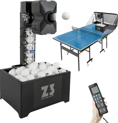 Zdjęcie produktu dla Robot do tenisa stołowego, regulowana prędkość, wysuwany uchwyt na rakietę, mieści 100 piłek, kilka trybów rotacji, wytrzymały materiał ABS