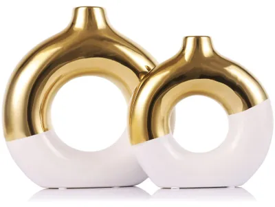Image de Lot de 2 vases en céramique, blancs et dorés, de forme ronde, pour salon
