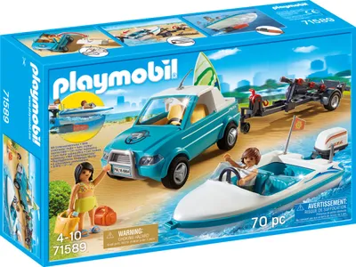 Playmobil toy set packaging showing a beach scene with a car, boat, and figures.