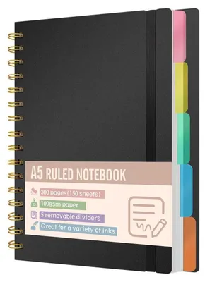 Immagine prodotto di Quaderno A5 a righe con 5 sezioni, 300 pagine, carta da 100 g/m², rilegatura a spirale, copertina in PP, colore nero