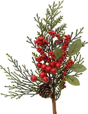 Produktbild von Künstlicher Zweig 26cm mit Zapfen und roten Beeren 1 Stück Grün / Rot