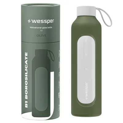 A glass water bottle with a silicone sleeve and its packaging.