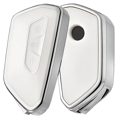 Productafbeelding van Autosleutelbescherming van TPU-silicon voor VW Golf 8, ID3, ID4, GTI, GTE, Seat Leon, Octavia, zilveren rand, wit