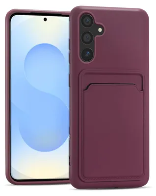 A smartphone case with a cardholder is shown next to a smartphone.