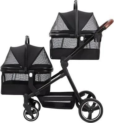 Produktbild von 4-Rad Doppel Hundebuggy – Faltbarer Hunde Kinderwagen mit Aufbewahrungskorb & Getränkehalter – Haustier Buggy für kleine und mittelgroße Hunde bis 15 kg – Schwarz