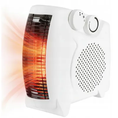 A white portable electric heater with glowing heating elements and a fan grille.