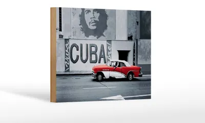 Produktbild von Holzschild Spruch 18x12cm Cuba Guevara Auto rot Oldtimer