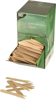 A box of wooden chip forks with some loose forks in the foreground.