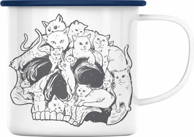 Produktbild von Trendation - Totenkopf Emaille Tasse Katzen Kaffee Frauen Mädchen Männer Tattoo Geschenk Damen Idee Grafik Katzenbesitzerin (Blau)