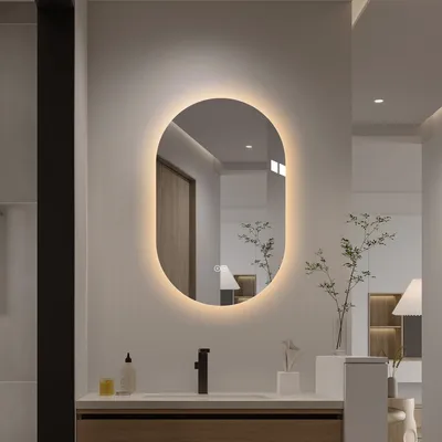 Produktbild von LED Badspiegel Oval 50x80 cm Rahmenlos mit Beleuchtung Kapsel Design Dimmbar Touch Anti Beschlag 3 Lichtfarben Kupferfrei Vertikal Silber