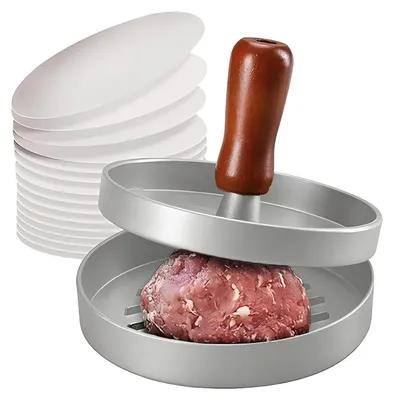 Productafbeelding van Burgerpers - Aluminiumpers met antiaanbaklaag, inclusief 100 vloeipapiertjes en een vleestenderizer - Geschikt voor gevulde burgers en burgers - Zilver