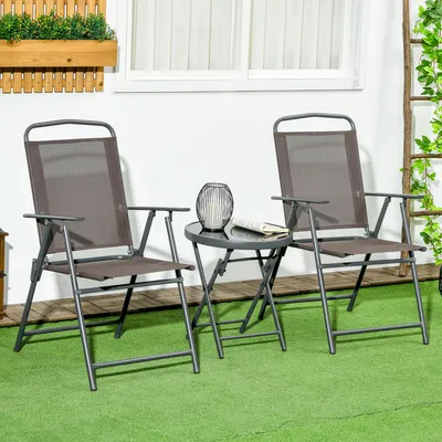 Produktbild von SUGIFT Gartenmöbel Set mit Glastisch, Bistro-Set 3-teilig klappbar Metall, Balkontisch mit Stühlen, Braun | wetterfest | 53,5 x 64 x 93 cm